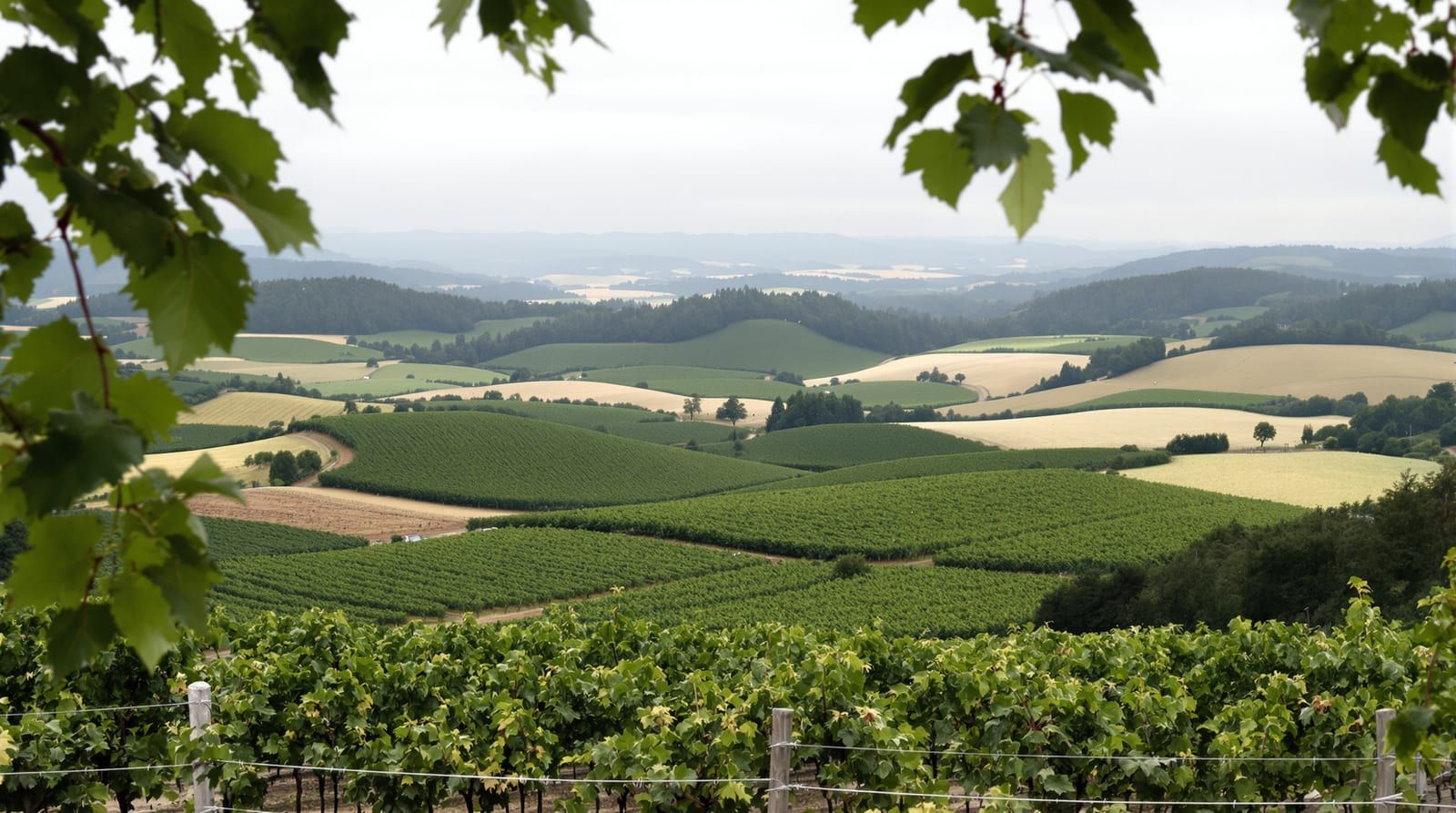 Rolling vineyard country framed by vine leaves